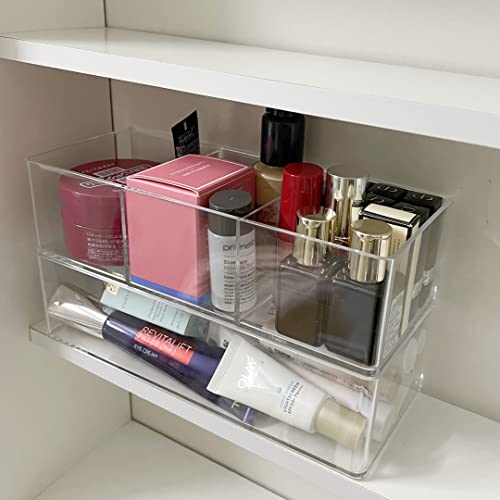 POPPEYGO Stackable Clear Drawer Organizers Small Makeup Vanity Storage Bins Trays and Office Desk Drawer Dividers Single Compartment 2 Pack