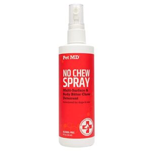 pet md no chew spray for dogs & cats - multi-surface bitter spray to stop biting & chewing - dog deterrent spray for carpet, furniture, plants, & skin - anti licking cat training spray - 8 oz