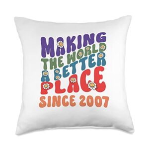 retro making the world better 2007 making the world a better place since 2007 groovy text font throw pillow, 18x18, multicolor