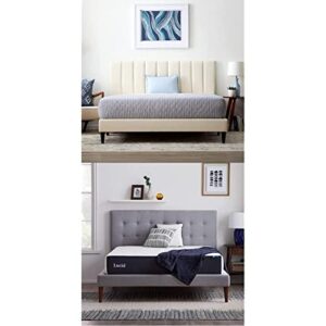 lucid upholstered platform bed with channel tufted headboard and 10 inch memory foam medium plush mattress, queen