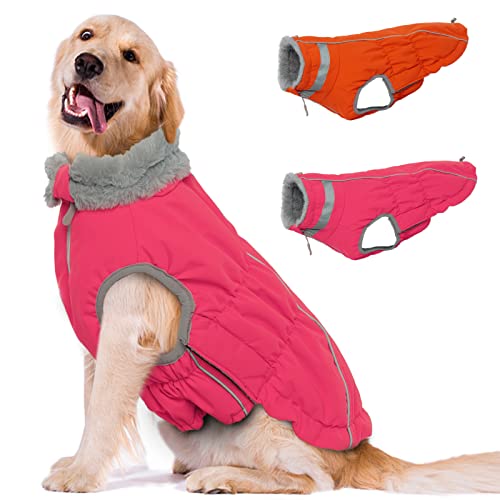 MKubwaa Bright Dog Jacket Dog Coat-Fluorescent Pink Winter Dog Coats for Large Dogs-Fleece Dog Winter Coat-Waterproof Dog Coats for Medium Dogs-Dog Cold Weather Coats with Leash Hole-L