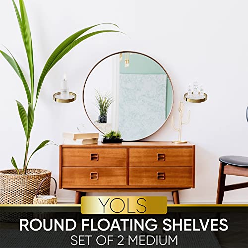 YOLS Small Floating Shelf, Gold Round Metal with Clear Acrylic, Small Shelves for Wall Décor (Round Medium 5.8 Inches 2pcs)