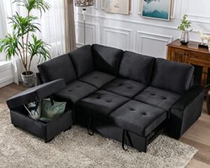ubgo sectional modern l shape corner convertible sleeper combination sofa bed ottoman and storage hidden arms pull out sheet for living room apartment, black g