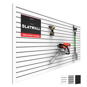 slatwall panel garage wall organizer: heavy duty wall mounted pvc wall rack, interlocking slat wall paneling for garage wall storage, slatwall board, slatwall shelves system -white (2’h x 4’w)