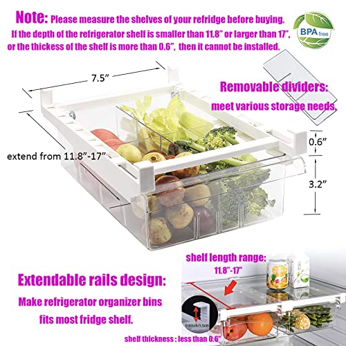 2 Pack Fridge Drawer Organizer, Refrigerator Storage Bins Box, 12" Length, Refrigerator Pull out Under Shelf Holder Vegetable Veggies Fruit Container