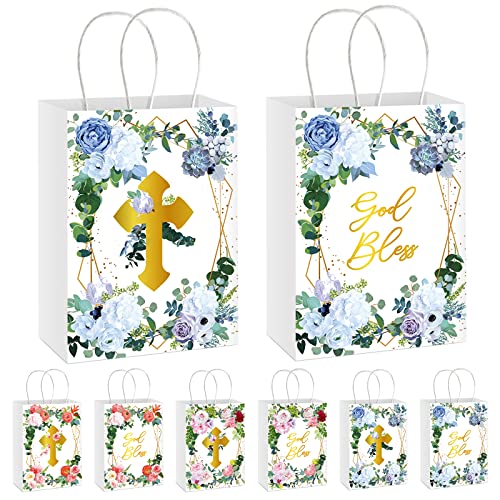 30 Pcs Religious Gift Bags Floral Design Small God Bless Bags Baptism Favors Treat Paper Bags for First Communion, Baby Shower Party Favors Christenings, Weddings, Confirmations, 8.3 x 5.9 x 3.15 Inch