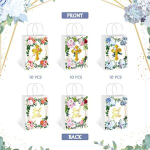 30 Pcs Religious Gift Bags Floral Design Small God Bless Bags Baptism Favors Treat Paper Bags for First Communion, Baby Shower Party Favors Christenings, Weddings, Confirmations, 8.3 x 5.9 x 3.15 Inch