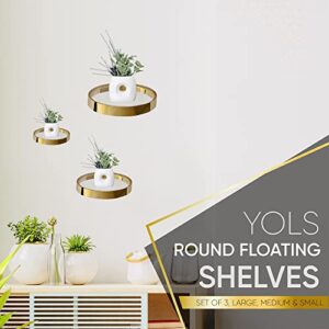 YOLS Small Floating Shelf. Round Gold Metal Frame with Clear Acrylic. 3 Piece Set, Large 7.75, Medium 5.88, Small 3.75 inches.