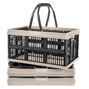 clevermade 16l collapsible reusable plastic grocery shopping baskets; small foldable storage crates with handles, 3 pack, tan