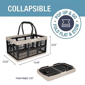 CleverMade 16L Collapsible Reusable Plastic Grocery Shopping Baskets; Small Foldable Storage Crates with Handles, 3 Pack, Tan