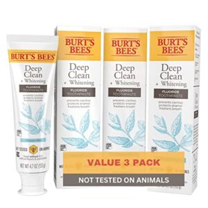burt’s bees toothpaste, natural flavor, fluoride toothpaste deep clean + whitening, mountain mint, 4.7 oz each , (pack of 3)