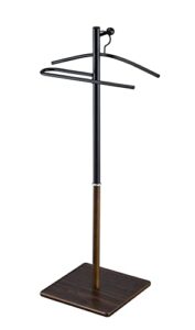 proman products vl17240 kumo freestanding metal valet stand organizer with removable hanger, trouser bar, 2 tone (black/walnut), 11.5" w x 11.5" d x 41" h
