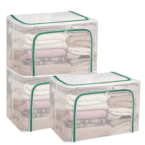 GARPROVM Large & Clear Clothes Storage Bags Totes Organizer, 3-Pack Blanket Comforter Clothing Storage Bags for Organizing Bedroom, Closet with Lid, Front Opening, Zipper and Handles Waterproof 100L