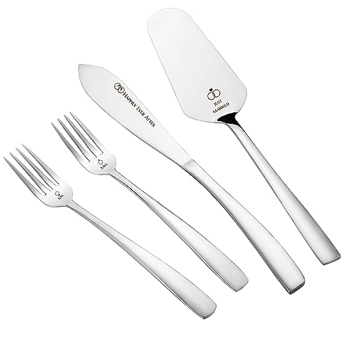 AW BRIDAL Mr Mrs Wedding Cake Knife and Server Set with Forks, Engraved Cake Cutting Set for Wedding Birthday Pie Pastry Servers Engagement Bridal Shower Gifts for Couples, 4Pcs