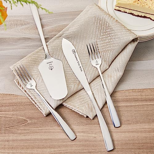 AW BRIDAL Mr Mrs Wedding Cake Knife and Server Set with Forks, Engraved Cake Cutting Set for Wedding Birthday Pie Pastry Servers Engagement Bridal Shower Gifts for Couples, 4Pcs