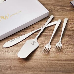 AW BRIDAL Mr Mrs Wedding Cake Knife and Server Set with Forks, Engraved Cake Cutting Set for Wedding Birthday Pie Pastry Servers Engagement Bridal Shower Gifts for Couples, 4Pcs