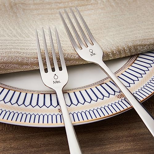 AW BRIDAL Mr Mrs Wedding Cake Knife and Server Set with Forks, Engraved Cake Cutting Set for Wedding Birthday Pie Pastry Servers Engagement Bridal Shower Gifts for Couples, 4Pcs