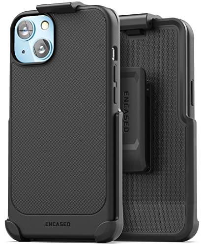 Encased Thin Armor Designed for iPhone 14 Belt Clip Case, Slim Fit Phone Case with Holster (Matte Black)