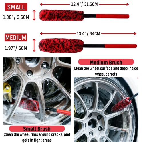 Wheel Brushes for Cleaning Wheels (4 Pro Pack)- 2X Soft Wheel Cleaning Woolies Brush, Detailing Brush and Stiff Tire Brush, Scratch Free Durable Car Wheel Rim Brush Kit for Car Rim and Tire Detailing