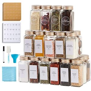skiileor 25 pcs spice jars with label- glass spice jars with gold metal caps,shaker lids, funnel, chalk pen, brush,cleaning cloth 4oz seasoning containers bottles for spice rack, cabinet, drawer