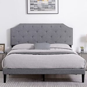 qzhommer full size bed frame, modern upholstered platform bed with adjustable button tufted & riveted headboard with wood slat support, easy assembly, no box spring needed(grey)