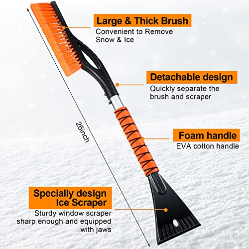 Chumia 4 Pack 27" Snow Brush and Ice Scrapers for Car Windshield with Ice Scraper Glove Detachable Window Snow Scraper Snow Removal Tool with Foam Grip Winter Car Accessories for Cars Trucks SUVs