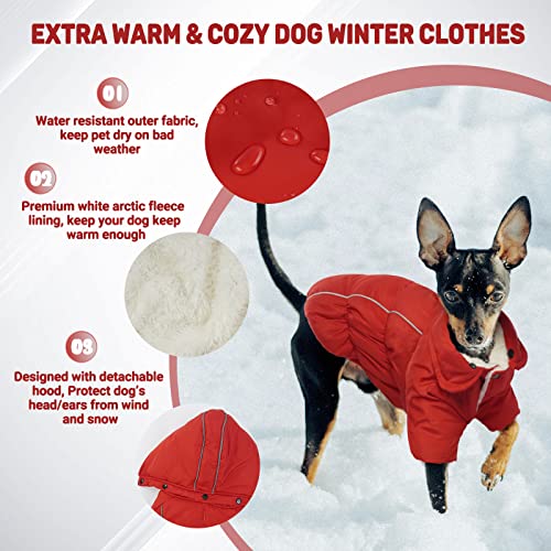T'CHAQUE Waterproof Winter Dog Fleece Coat Warm Puppy Jackets with Detachable Hood, Windproof Reflective Dog Cold Weather Coats with Leash Hole, Outdoor Play Pet Clothing for Small Medium Dogs