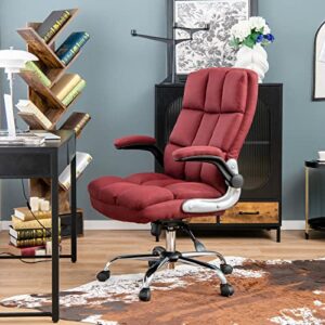 POWERSTONE Ergonomic Office Chair Big and Tall High-Back Executive Computer Desk Chair Upholstered Comfortable Swivel Home Office Chair with Flip-up Armrest Adjustable Tilt Angle 300 LBS (WineRed)