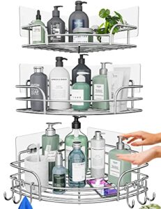 3 pack corner shower caddy: stainless steel no-drilling bathroom organizer for all 90° corners- installed in minutes, heavy duty shower shelves for storage- 6 metal hooks with caps, 2 extra adhesives