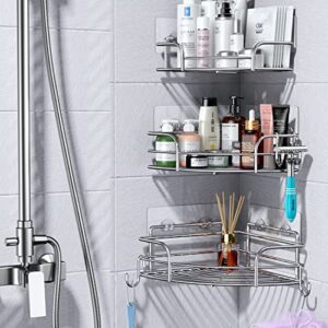 3 Pack Corner Shower Caddy: Stainless Steel No-drilling Bathroom Organizer for All 90° Corners- Installed in Minutes, Heavy Duty Shower Shelves for Storage- 6 Metal Hooks with Caps, 2 Extra Adhesives