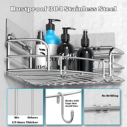3 Pack Corner Shower Caddy: Stainless Steel No-drilling Bathroom Organizer for All 90° Corners- Installed in Minutes, Heavy Duty Shower Shelves for Storage- 6 Metal Hooks with Caps, 2 Extra Adhesives