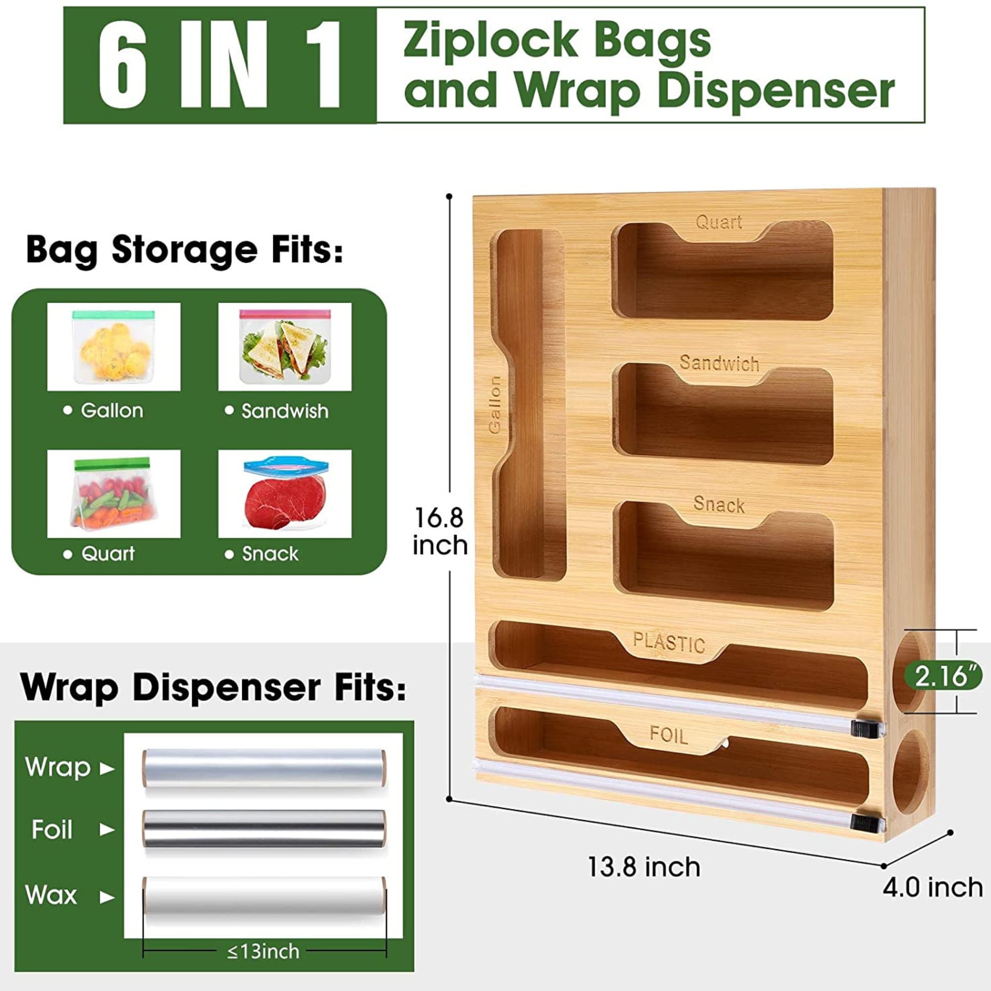 memrable [6 in 1] Ziplock Bag Storage Organizer, Aluminum Foil and Plastic Wrap Dispenser with Cutters, For Sandwich, Snack, Gallon, and Quart | Bamboo Kitchen Organizer