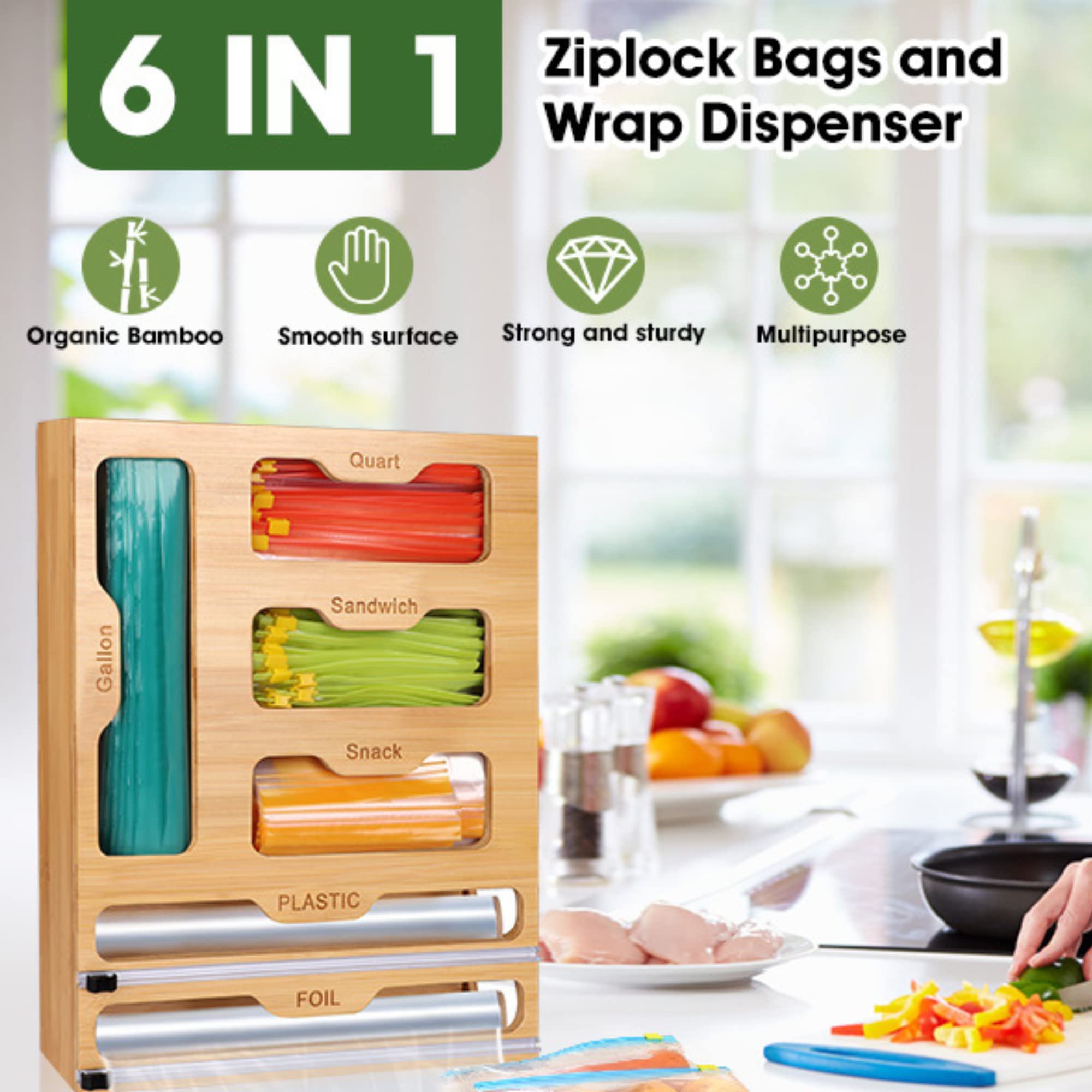 memrable [6 in 1] Ziplock Bag Storage Organizer, Aluminum Foil and Plastic Wrap Dispenser with Cutters, For Sandwich, Snack, Gallon, and Quart | Bamboo Kitchen Organizer