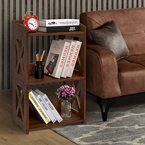 NHZ Side Table 3 Tier, End Table with Storage Shelf, Table Nightstand, Small Bookshelf, Bookcase, Display Rack for Office, Bedroom, Living Room and Kitchen. (Brown)