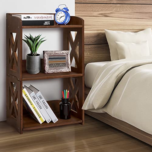 NHZ Side Table 3 Tier, End Table with Storage Shelf, Table Nightstand, Small Bookshelf, Bookcase, Display Rack for Office, Bedroom, Living Room and Kitchen. (Brown)