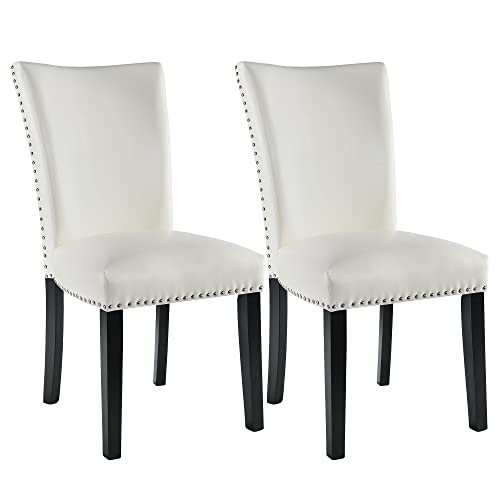 LEEMTORIG Parsons Chairs Faux Leather Dining Chairs Set of 2, Upholstered Mid Century Modern Kitchen Chairs with Nail-Head Trim, Ivory White CY-2258-WT