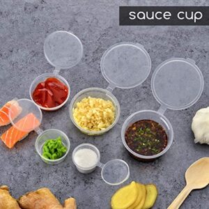 50Pcs 1.5oz / 40ml Plastic Condiment Souffle Containers - Leak Proof Portion Cup with Hinged Lid Perfect for takeaway deli condiments sauces dressings seasonings and other food storage - Flat