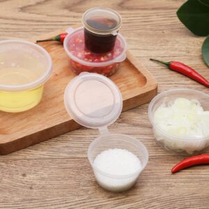 50Pcs 1.5oz / 40ml Plastic Condiment Souffle Containers - Leak Proof Portion Cup with Hinged Lid Perfect for takeaway deli condiments sauces dressings seasonings and other food storage - Flat