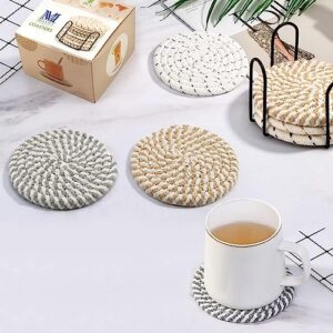 MeltsetM Coasters for Drinks Absorbent Woven Coaster Set with Holder Farmhouse Cute Cloth Fabric Cup Coasters for Coffee Table Office Desk, Handmade Boho Decor Tabletop Protection, 8 Pack