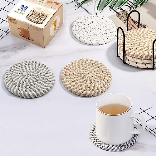 MeltsetM Coasters for Drinks Absorbent Woven Coaster Set with Holder Farmhouse Cute Cloth Fabric Cup Coasters for Coffee Table Office Desk, Handmade Boho Decor Tabletop Protection, 8 Pack