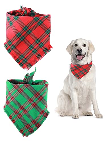 2 Pack Christmas Dog Bandanas, Dog Classic Plaid Scarf Triangle Bibs Kerchief Set, Pet Christmas Costume Accessories for Small Medium Large Dogs Cats Pets