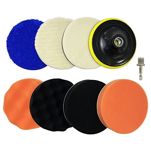 5''Wool Buffing Polishing Pads Set 9pcs Polishing Pads Kit Car Foam Buffing Sponge and Wool Pads Kit with M14 Drill Adapter for Car Headlight Restoration,Car Buffer Polisher, Polishing and Waxing