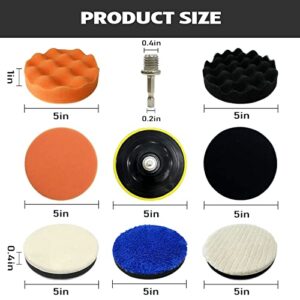 5''Wool Buffing Polishing Pads Set 9pcs Polishing Pads Kit Car Foam Buffing Sponge and Wool Pads Kit with M14 Drill Adapter for Car Headlight Restoration,Car Buffer Polisher, Polishing and Waxing