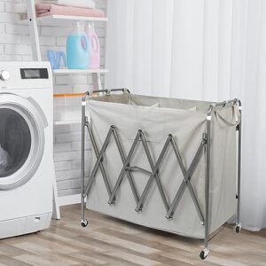 Vilobos Folding 3 Sections Laundry Cart Sorter, Laundry Hamper with Heavy Duty Lockable Wheels, Laundry Basket Organizer Rolling Laundry Basket, Grey