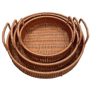 3 pack woven serving tray with handles, imitation rattan woven tray, hand-woven tray,woven basket, storage basket, round double handle (imitation rattan, brown)