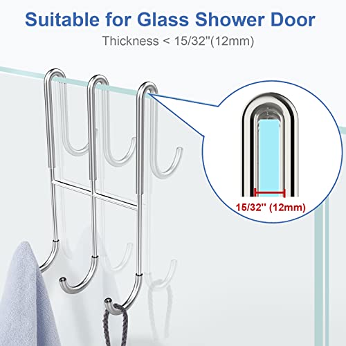 BPB Over Shower Door Hooks - 2 Pack Double Over Glass Hooks Extended 7.5Inch Bathroom Hook Drilling-Free Hanger for Hanging Towel, Robe, Loofah, Squeegee (Silver)