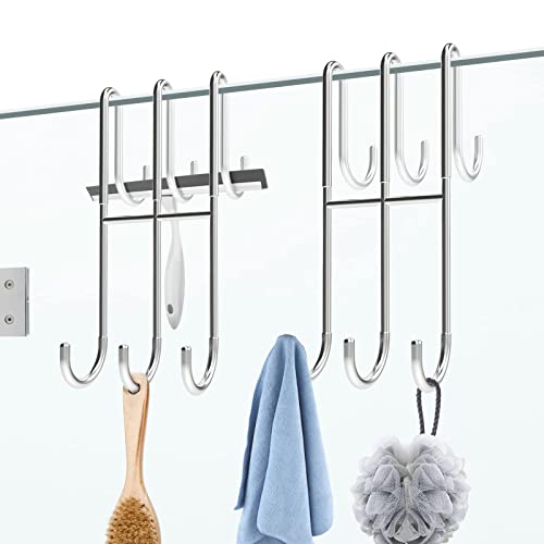 BPB Over Shower Door Hooks - 2 Pack Double Over Glass Hooks Extended 7.5Inch Bathroom Hook Drilling-Free Hanger for Hanging Towel, Robe, Loofah, Squeegee (Silver)