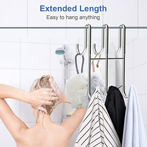 BPB Over Shower Door Hooks - 2 Pack Double Over Glass Hooks Extended 7.5Inch Bathroom Hook Drilling-Free Hanger for Hanging Towel, Robe, Loofah, Squeegee (Silver)