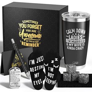 gifts for husband, unique husband gifts, husband birthday gifts with tumbler, whisky stones, 6 in 1 multitool pen, funny socks and keychain, best gift for husband from wife
