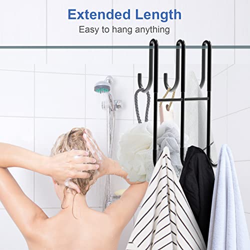 BPB Over Shower Door Hooks - 2 Pack Double Over Glass Hooks Extended 7.5Inch Bathroom Hook Drilling-Free Hanger for Hanging Towel, Robe, Loofah, Squeegee (Black)